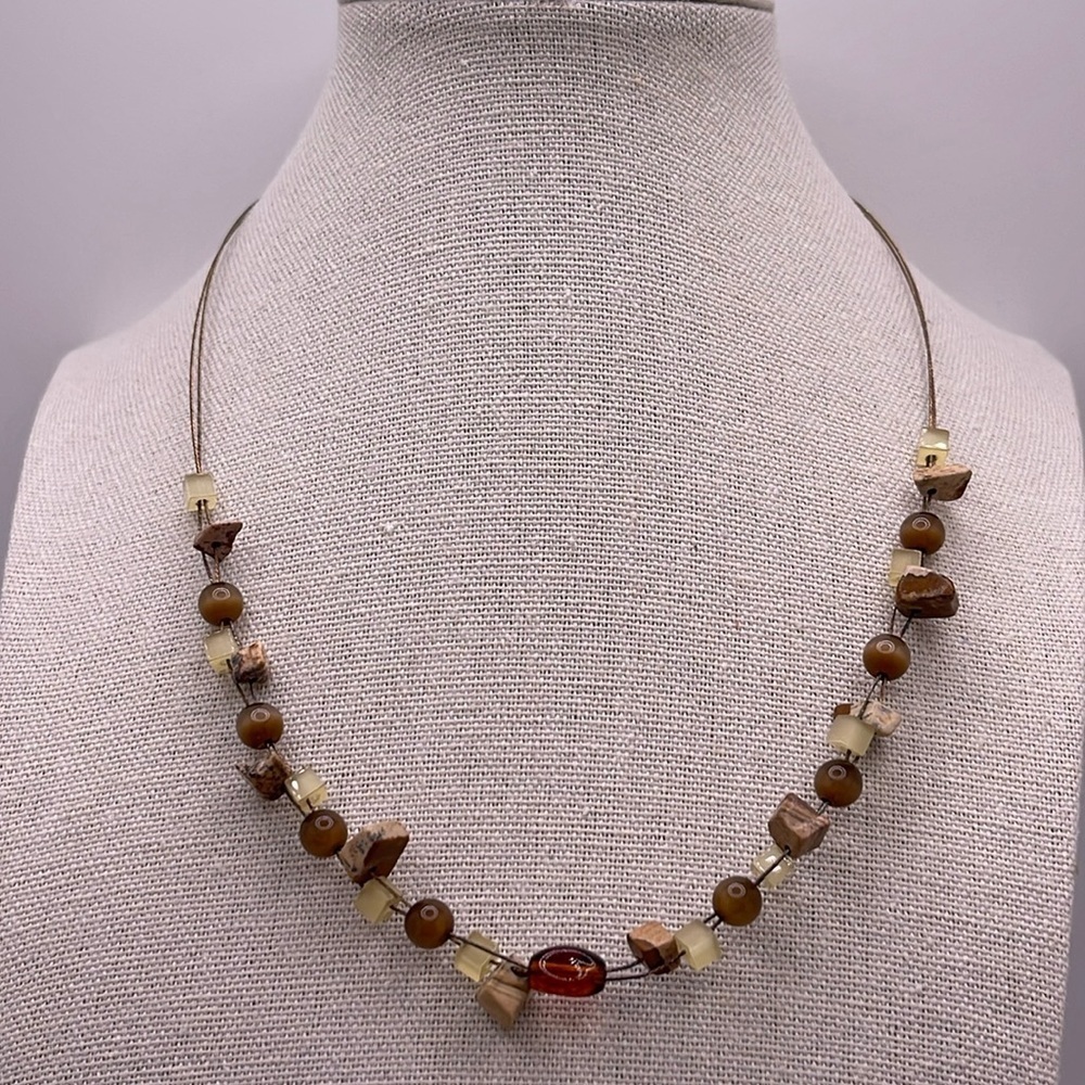 Lia Sophia NIB Jasper & Cats Eye Beaded Gold Tone Wire Necklace - Picture 1 of 7